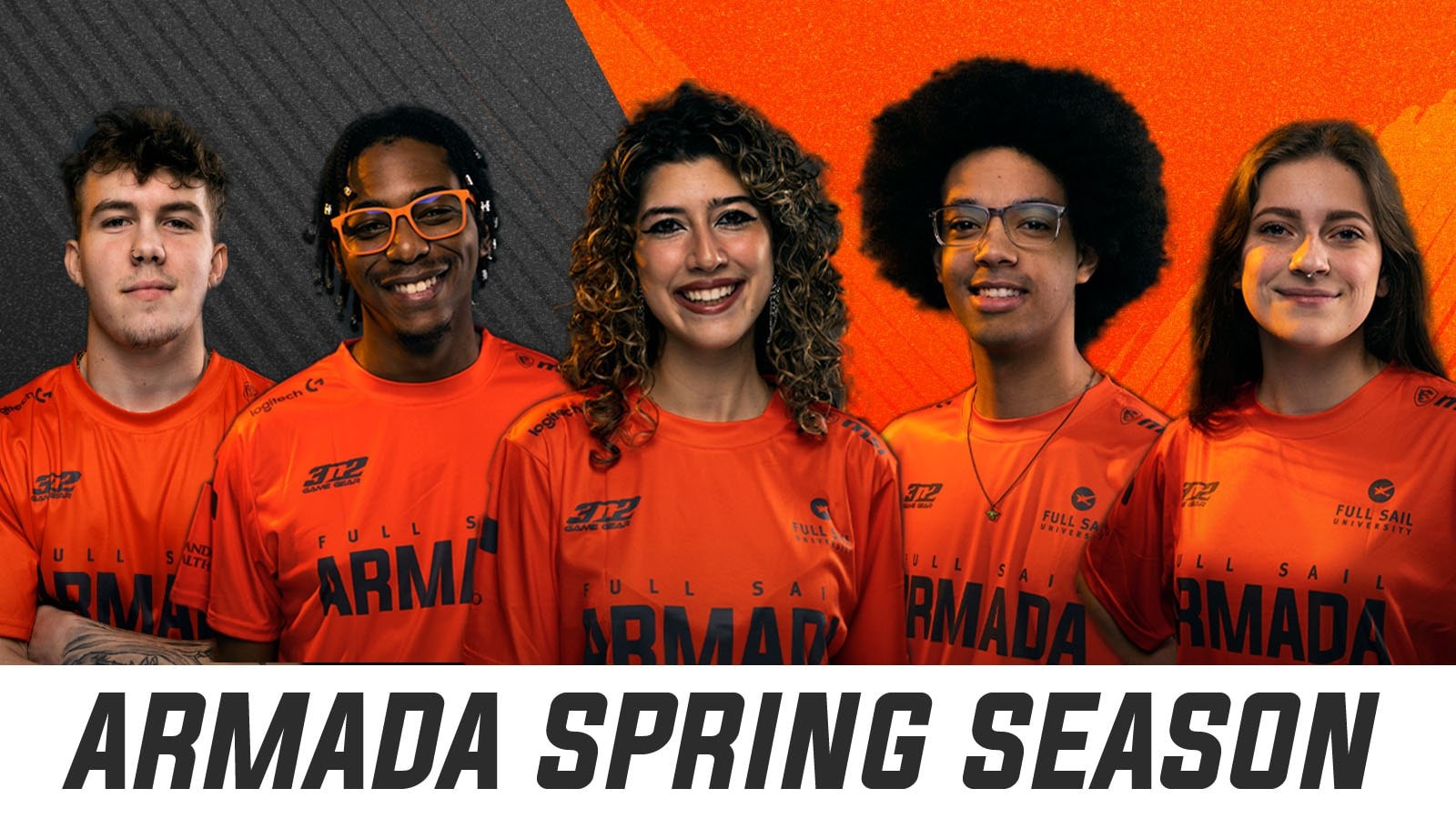 Five Armada athletes wearing the orange 2023 Armada jersey in front of a asymmetrical orange and grey background with the words "Armada Spring Season" below them in black against a white background.