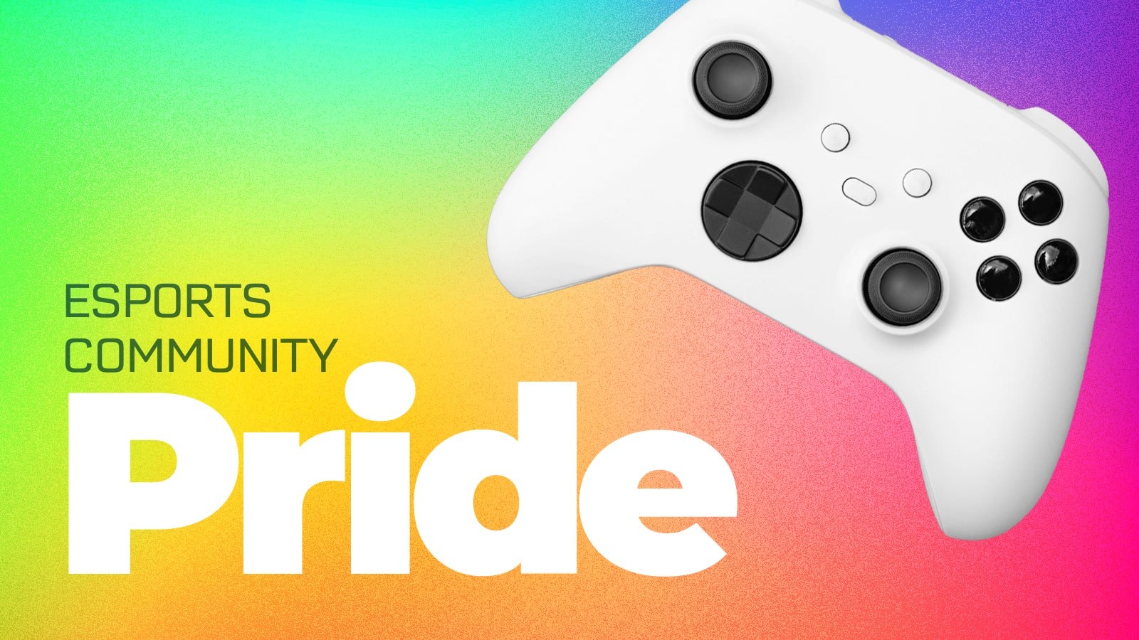 A white video game controller with black buttons against a rainbow gradient background with a grain texture featuring the words "Esports Community Pride" in the lower left-hand corner.