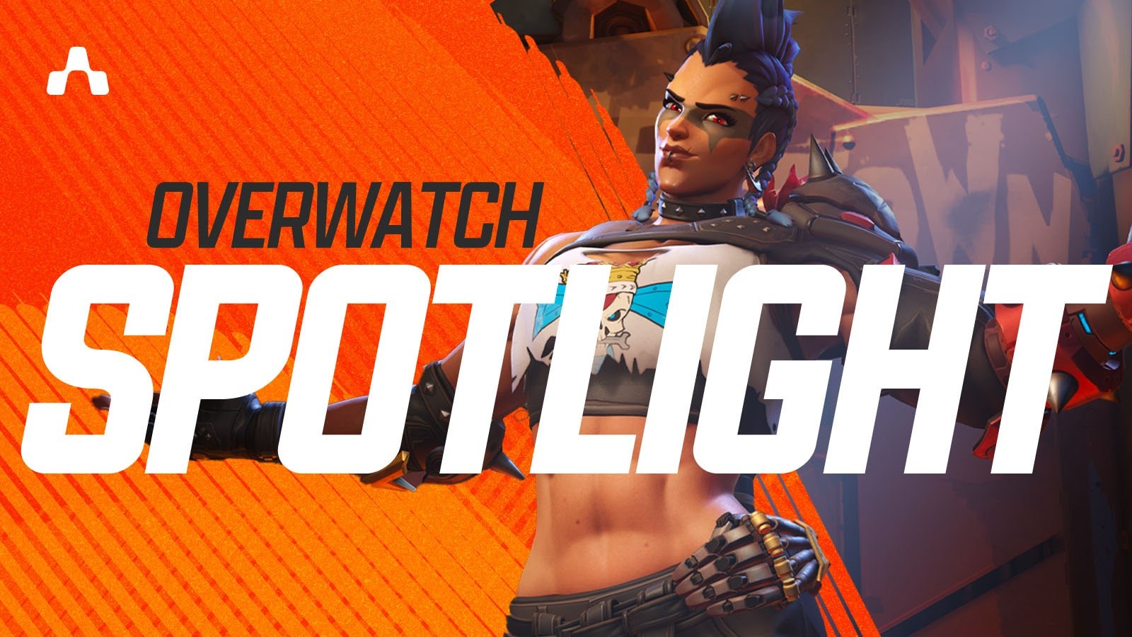 A graphic featuring 'Overwatch' tank Junker Queen with the words "Overwatch Spotlight" stylized in orange and white.