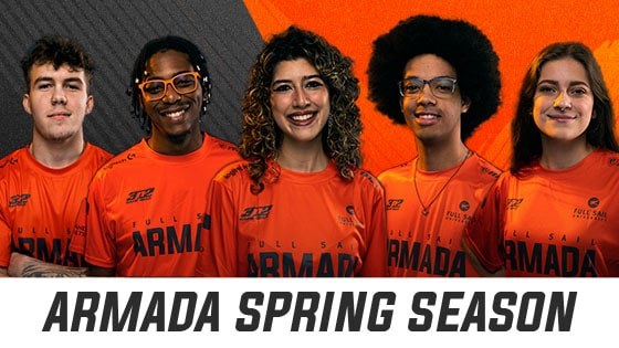 Five Armada athletes wearing the orange 2023 Armada jersey in front of a asymmetrical orange and grey background with the words "Armada Spring Season" below them in black against a white background.