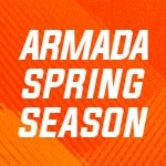 An asymmetrical orange and grey background with the words "Armada Spring Season".